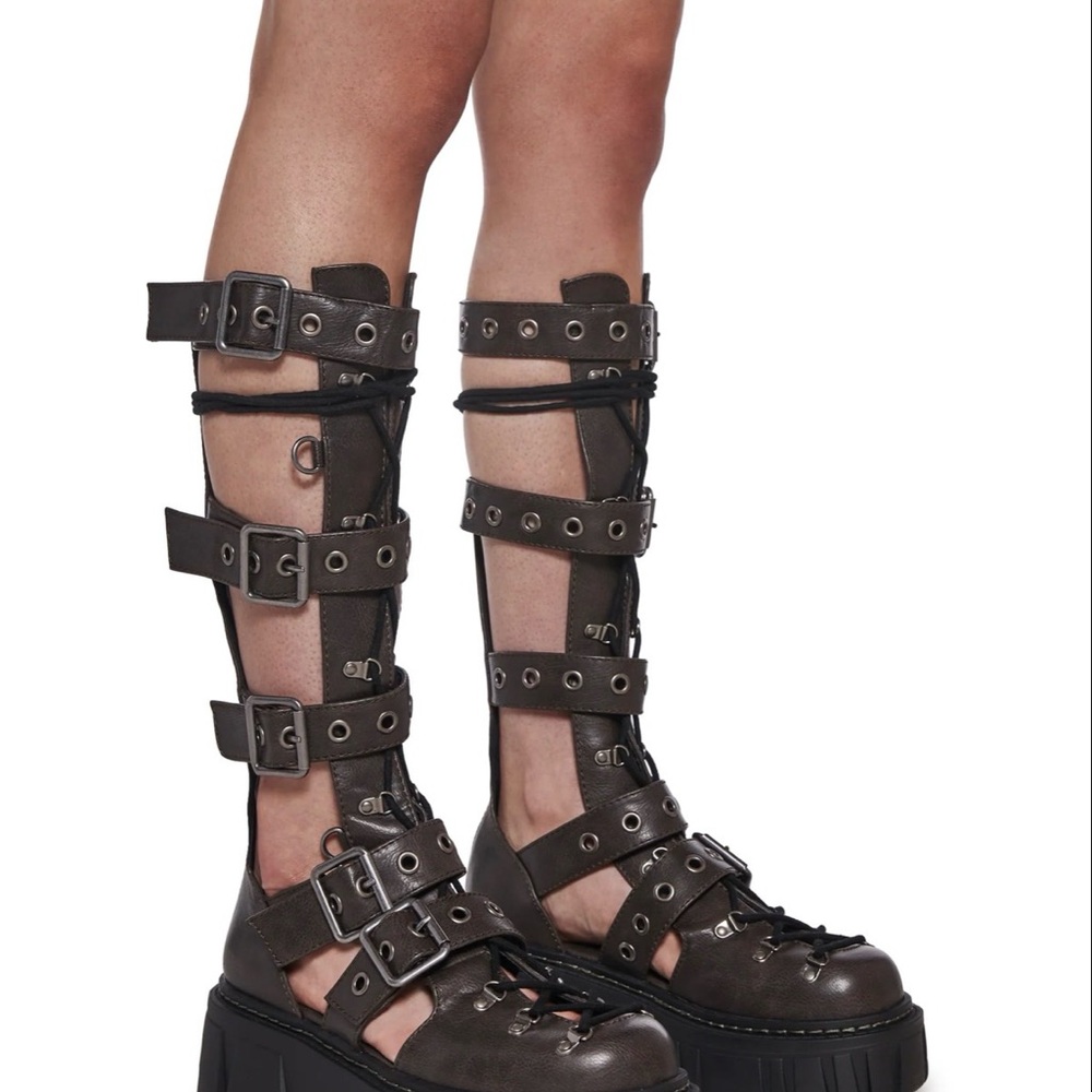 Dolls Kill Dark Brown Gladiator Strapped Combat Platform Boot - Picture 6 of 8